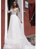 White Lace Pleated Tulle Boho Wedding Dress